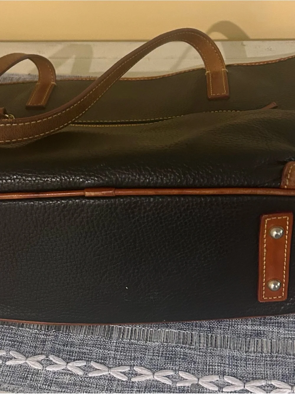 Dooney & Bourke Black Pebbled Leather Shoulder Tote with Brown Trim